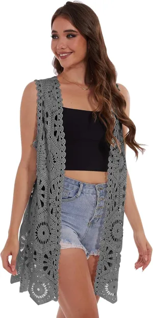 Womens Floral Crochet Lace Boho Trim Sleeveless Open Front Vest Cardigan