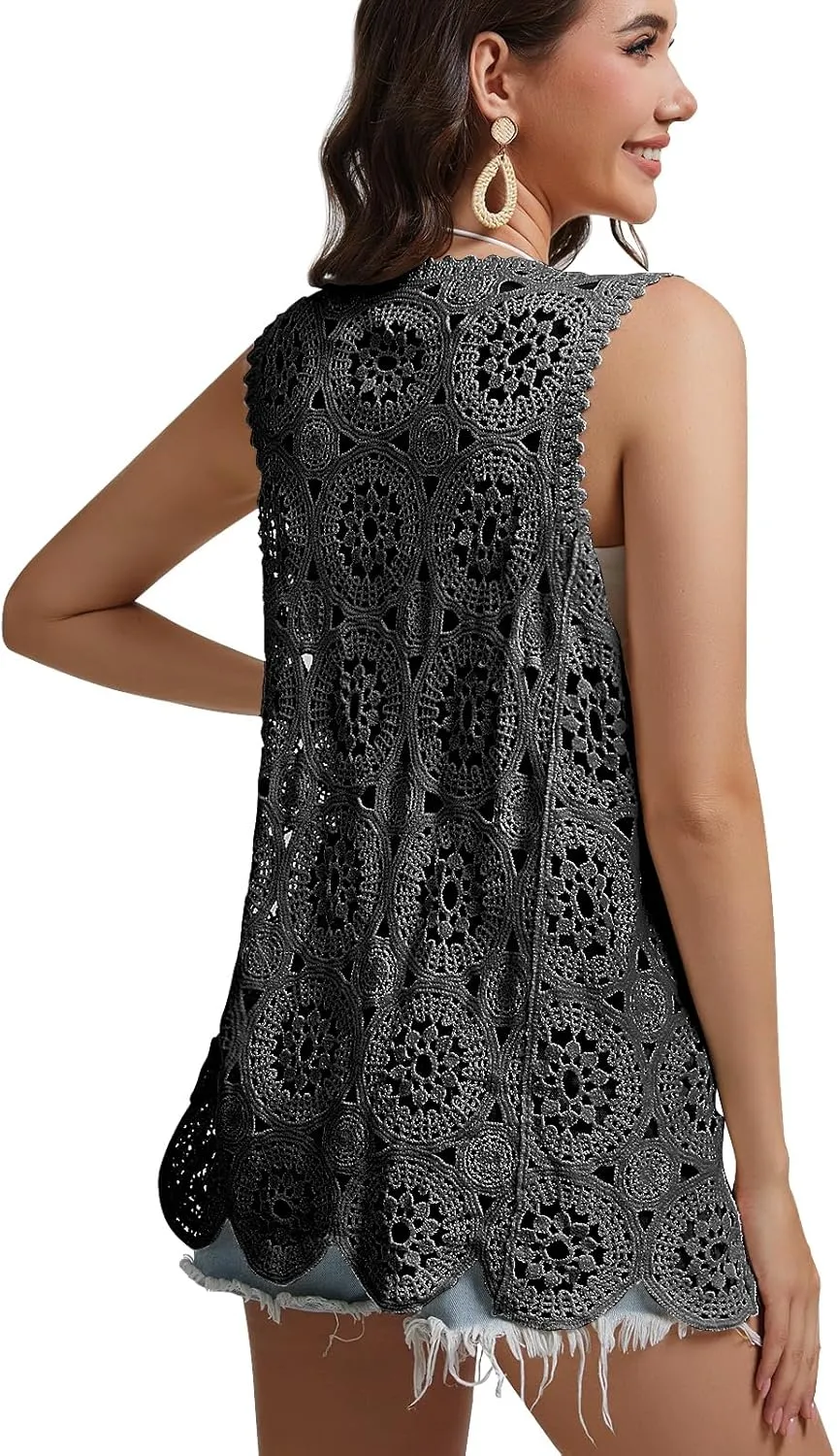 Womens Floral Crochet Lace Boho Trim Sleeveless Open Front Vest Cardigan