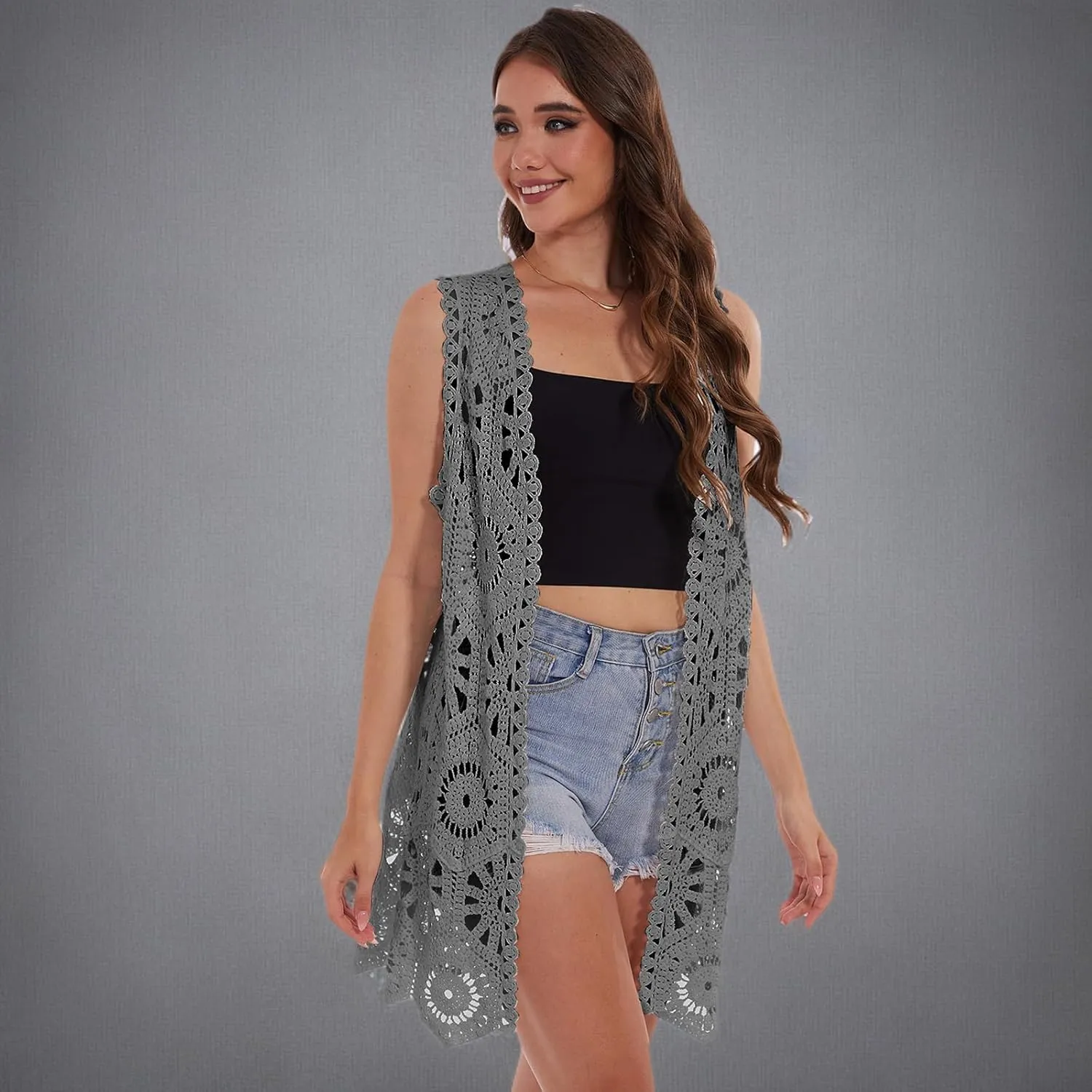 Womens Floral Crochet Lace Boho Trim Sleeveless Open Front Vest Cardigan