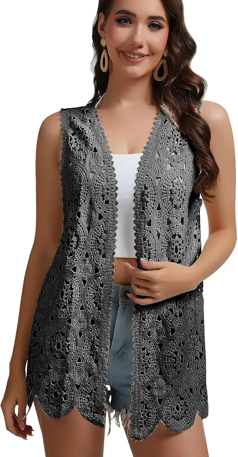 Womens Floral Crochet Lace Boho Trim Sleeveless Open Front Vest Cardigan