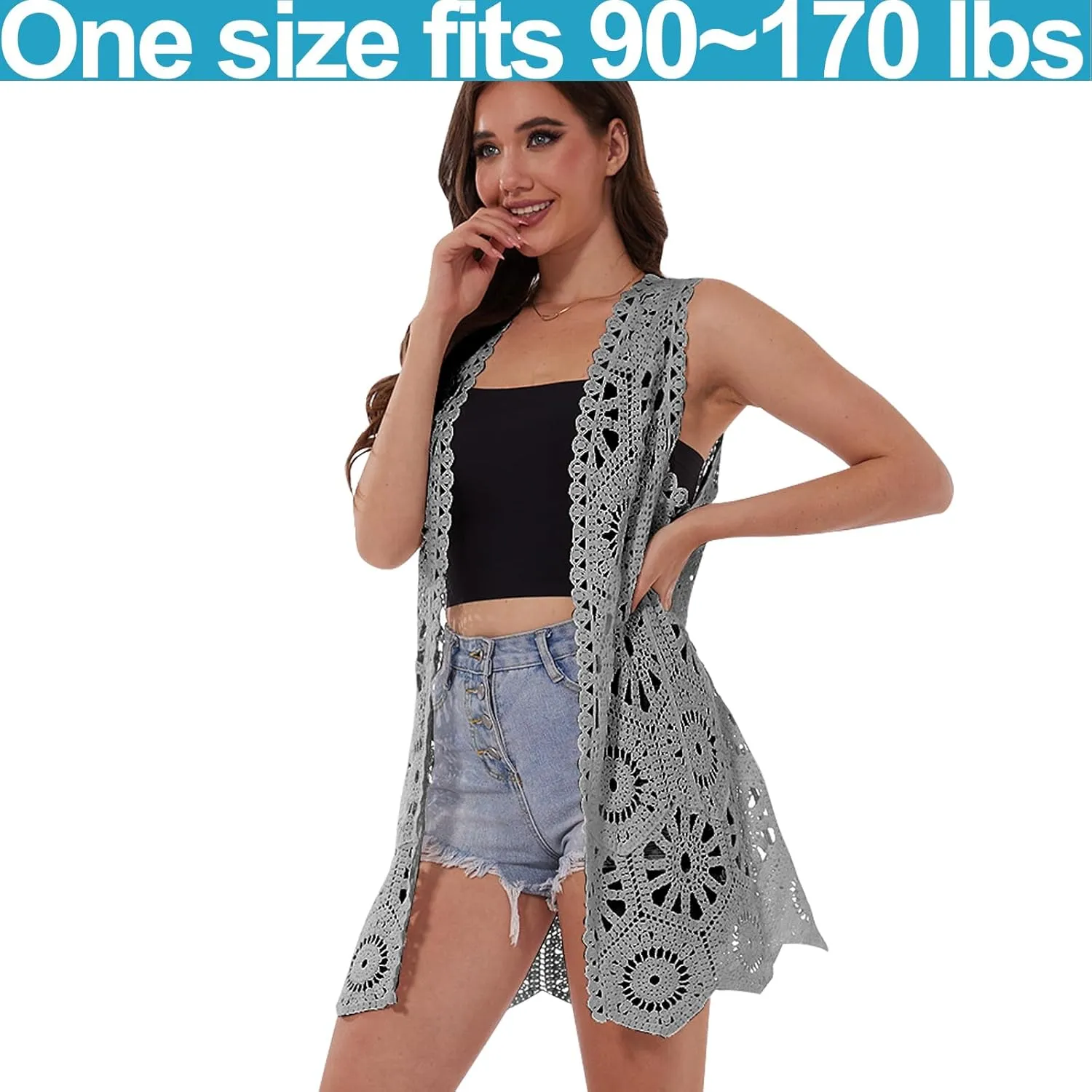 Womens Floral Crochet Lace Boho Trim Sleeveless Open Front Vest Cardigan
