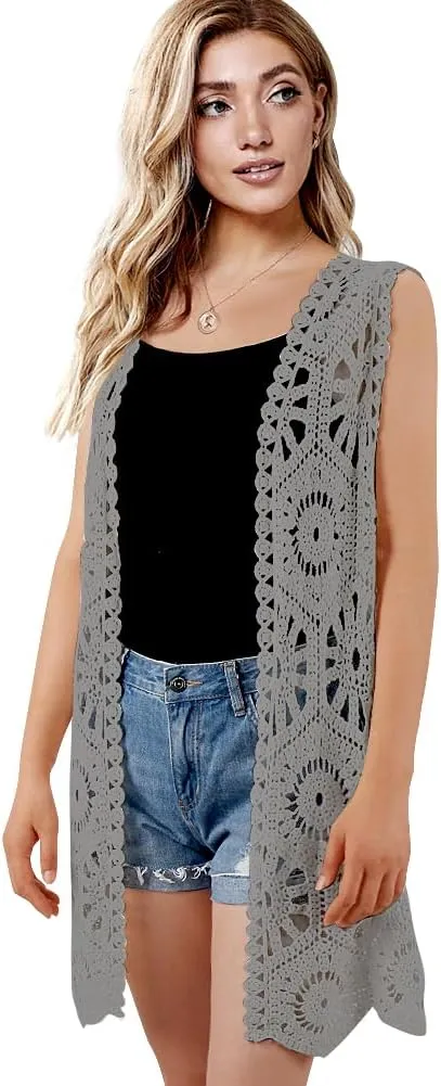 Womens Floral Crochet Lace Boho Trim Sleeveless Open Front Vest Cardigan