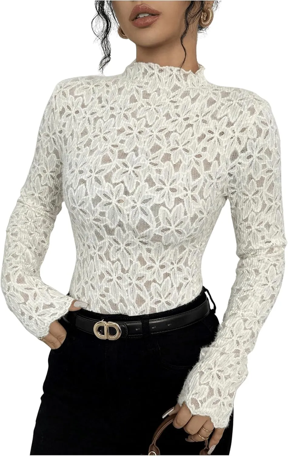 Women's Floral Lace Mock Neck Tee Shirt Long Sleeve Sheer Mesh Elegant Fitted Top