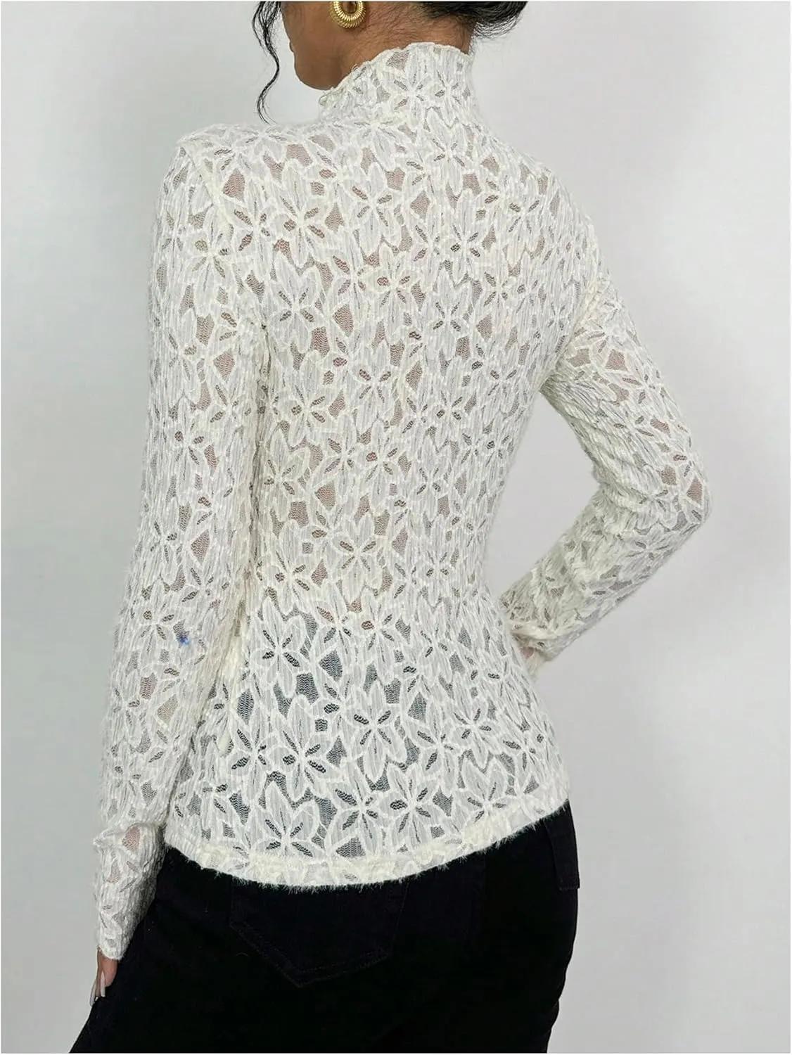 Women's Floral Lace Mock Neck Tee Shirt Long Sleeve Sheer Mesh Elegant Fitted Top