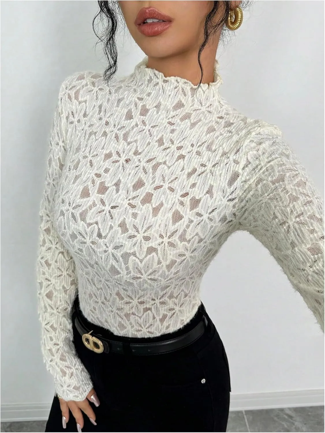 Women's Floral Lace Mock Neck Tee Shirt Long Sleeve Sheer Mesh Elegant Fitted Top