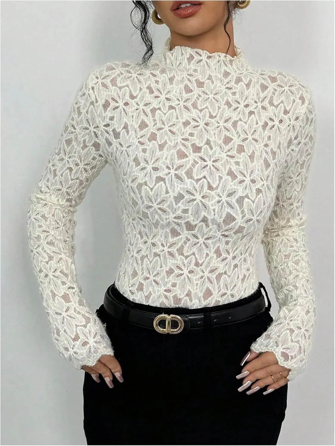 Women's Floral Lace Mock Neck Tee Shirt Long Sleeve Sheer Mesh Elegant Fitted Top