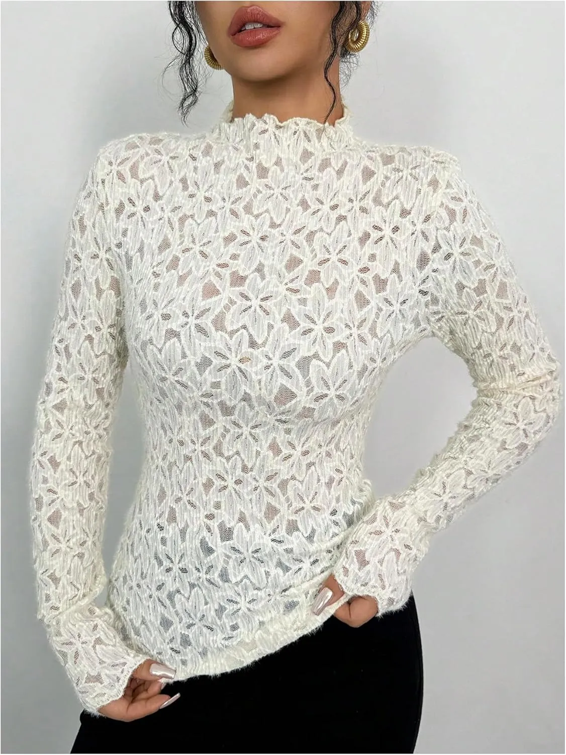 Women's Floral Lace Mock Neck Tee Shirt Long Sleeve Sheer Mesh Elegant Fitted Top