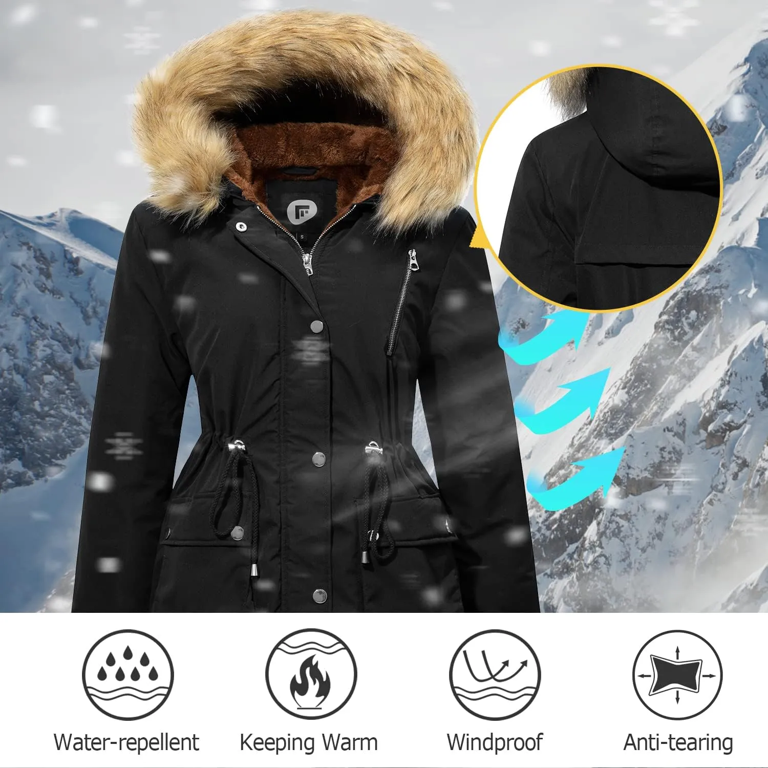 Women's Fur Hood Winter Parka Thicken Winter Jacket Coat Hooded Puffer Coat with Removable Fur Trim