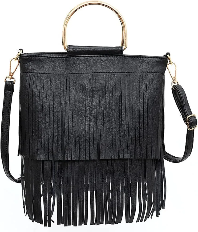 Women's Leather Tassel Shoulder Handbag Clutch Purse Handbag Crossbody Bag