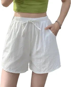 Women's Linen Beach Shorts with Pockets High Waist Wide Leg Gym Workout Shorts Elastic Waistband Summer Beach Cotton Shorts White M