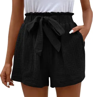 Women's Linen Shorts with Pockets Elastic Waist Cotton Wide Leg Summer Shorts High Waist Lace Up Belt Casual Beach Shorts Black S