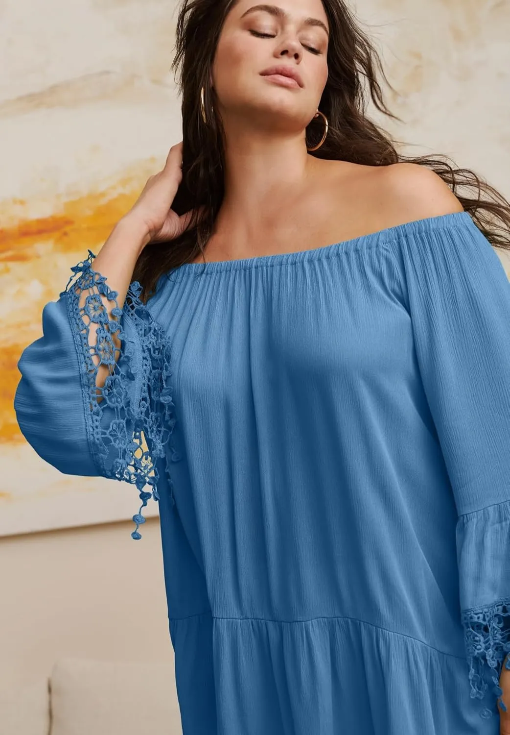 Women's Plus Size Crochet Fringe Trim Tunic