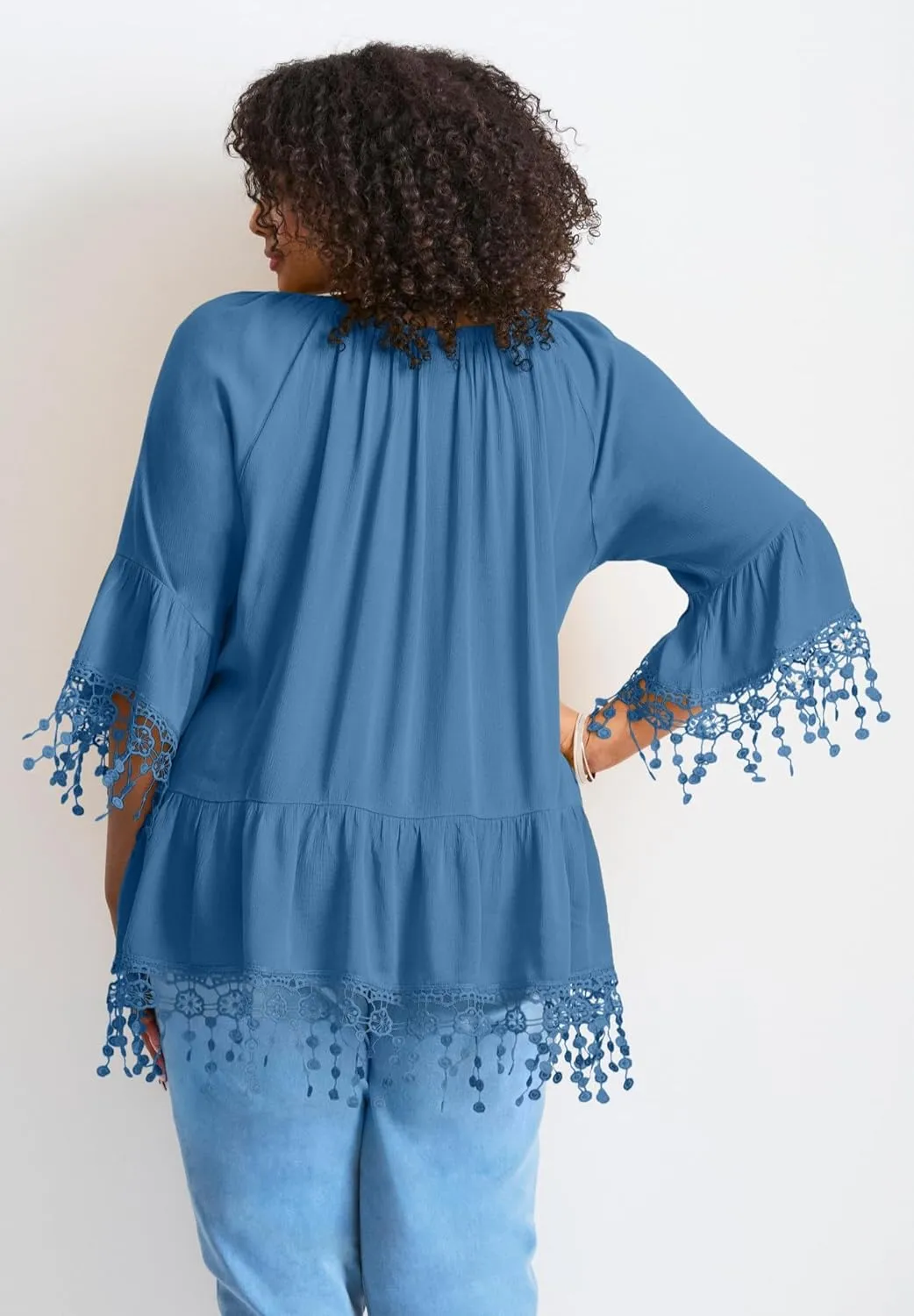 Women's Plus Size Crochet Fringe Trim Tunic