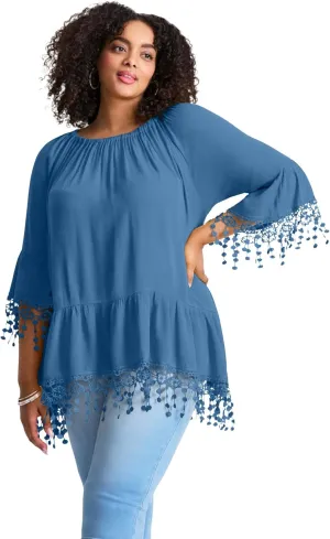 Women's Plus Size Crochet Fringe Trim Tunic