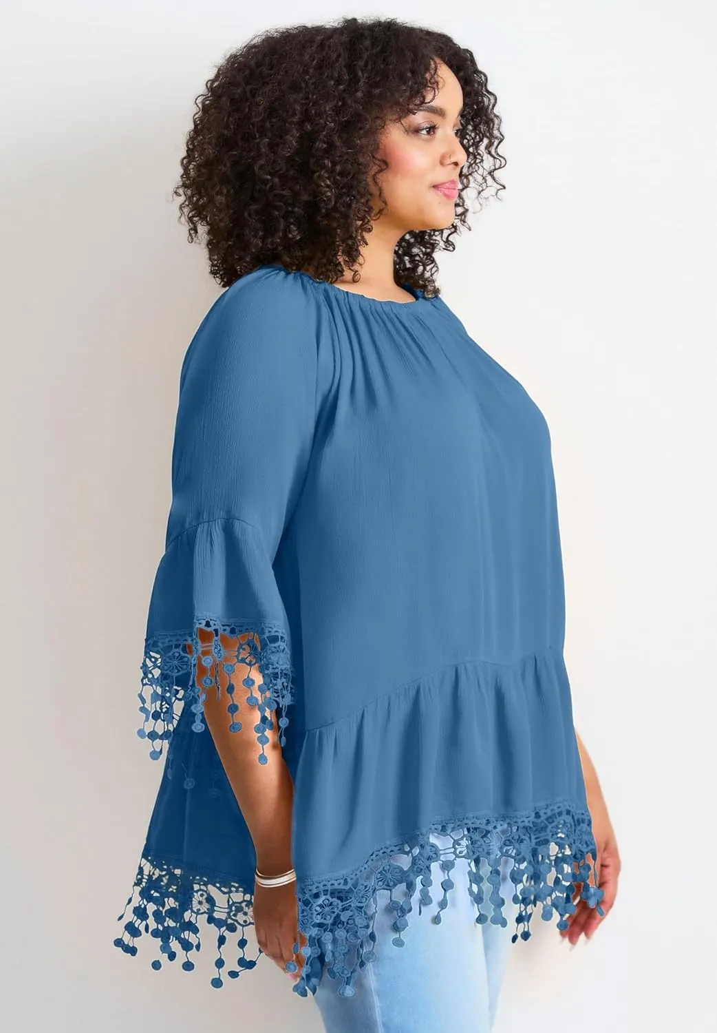 Women's Plus Size Crochet Fringe Trim Tunic