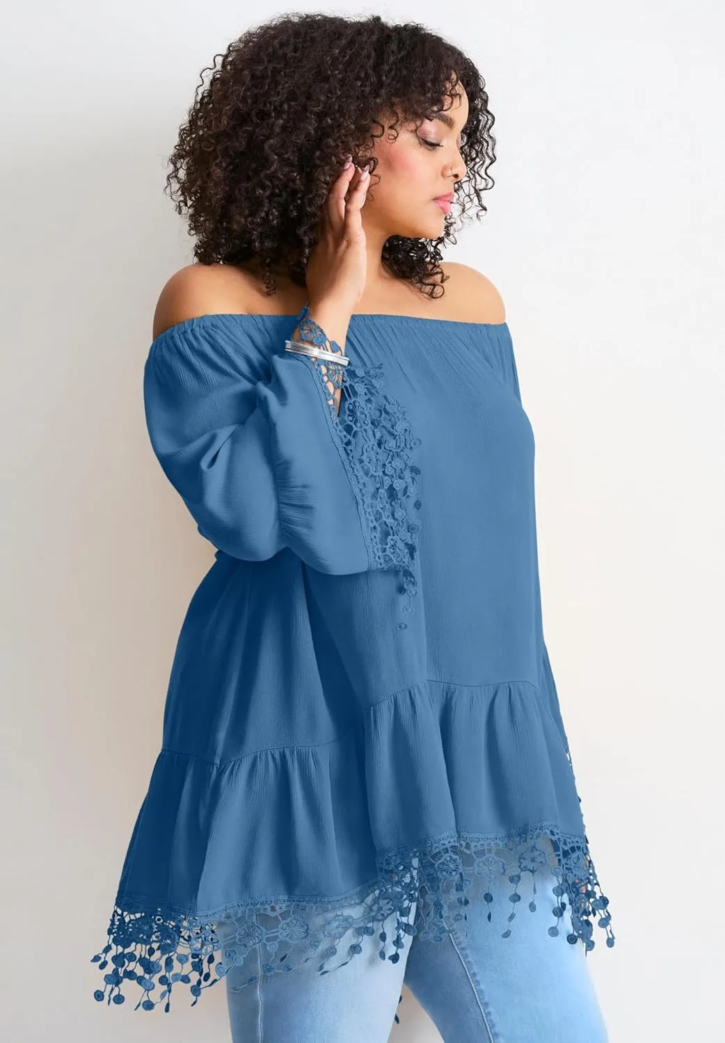 Women's Plus Size Crochet Fringe Trim Tunic