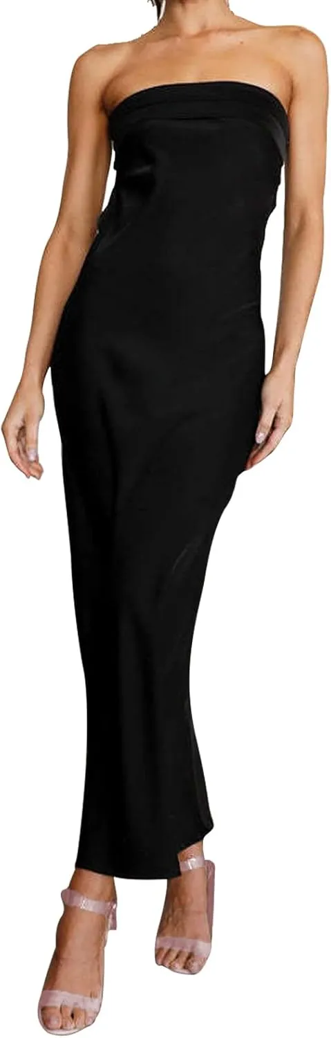 Women's Sexy Satin Tube Maxi Dress Elegant Silk Strapless Open Back Party Cocktail Wedding Guest Formal Long Dresses