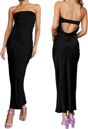 Women's Sexy Satin Tube Maxi Dress Elegant Silk Strapless Open Back Party Cocktail Wedding Guest Formal Long Dresses