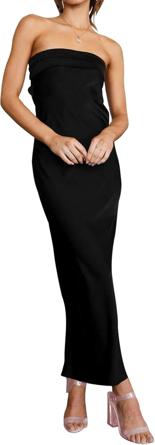 Women's Sexy Satin Tube Maxi Dress Elegant Silk Strapless Open Back Party Cocktail Wedding Guest Formal Long Dresses