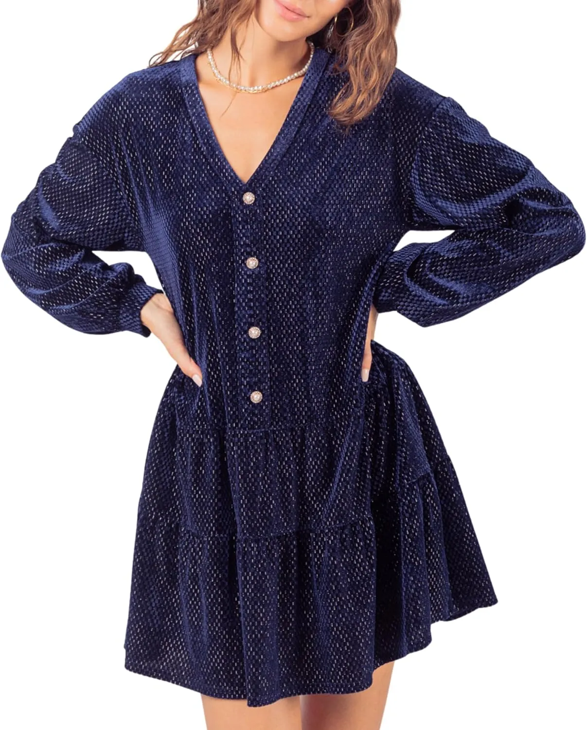 Women's Tiered Textured Velvet Mini Dress Long Sleeve Holiday Party Dress with V-Neck and Jewel Button Detail