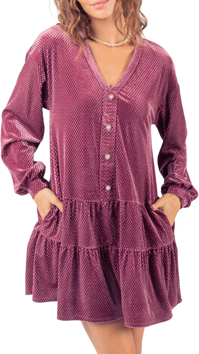 Women's Tiered Textured Velvet Mini Dress Long Sleeve Holiday Party Dress with V-Neck and Jewel Button Detail