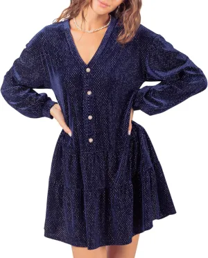 Women's Tiered Textured Velvet Mini Dress Long Sleeve Holiday Party Dress with V-Neck and Jewel Button Detail