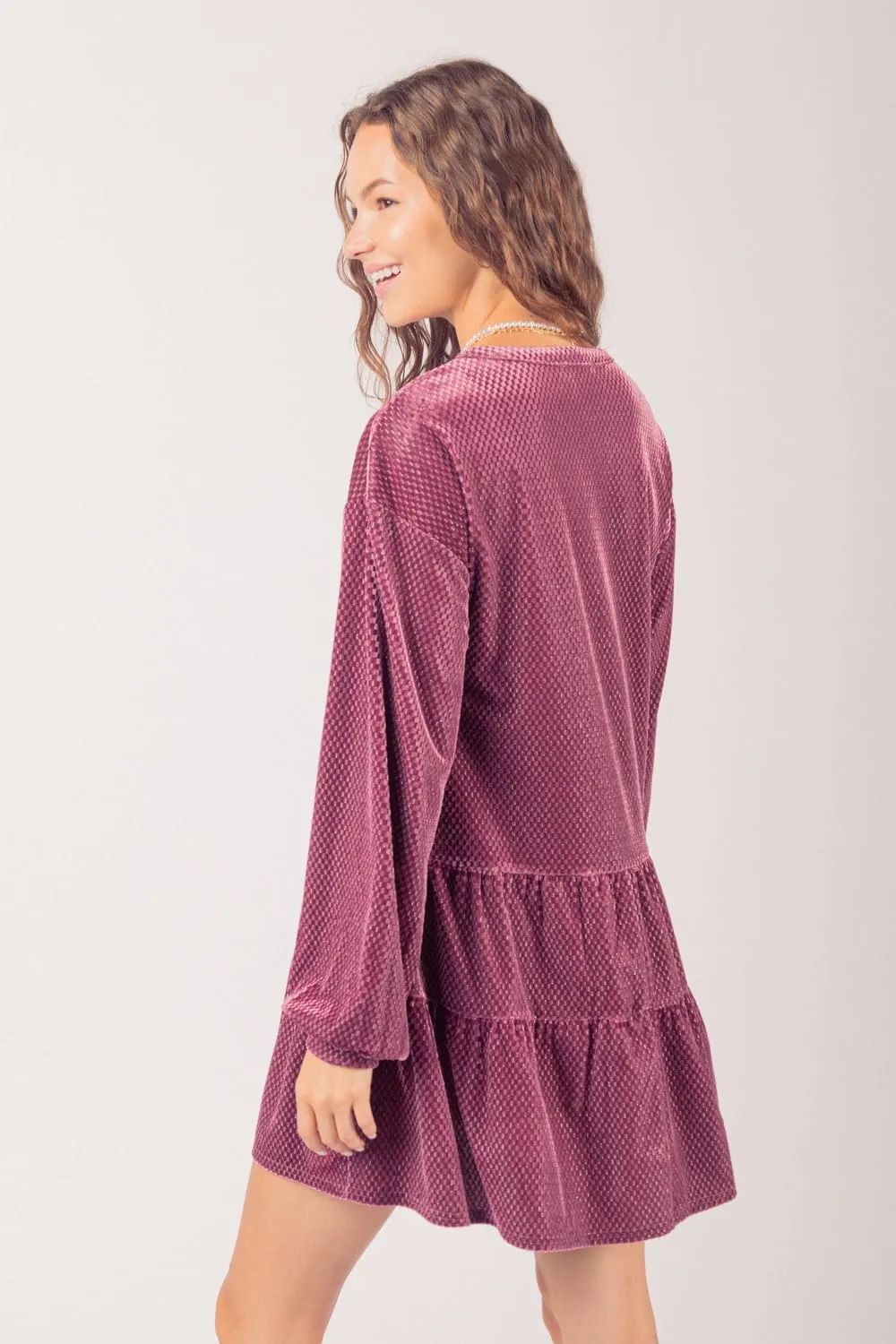 Women's Tiered Textured Velvet Mini Dress Long Sleeve Holiday Party Dress with V-Neck and Jewel Button Detail