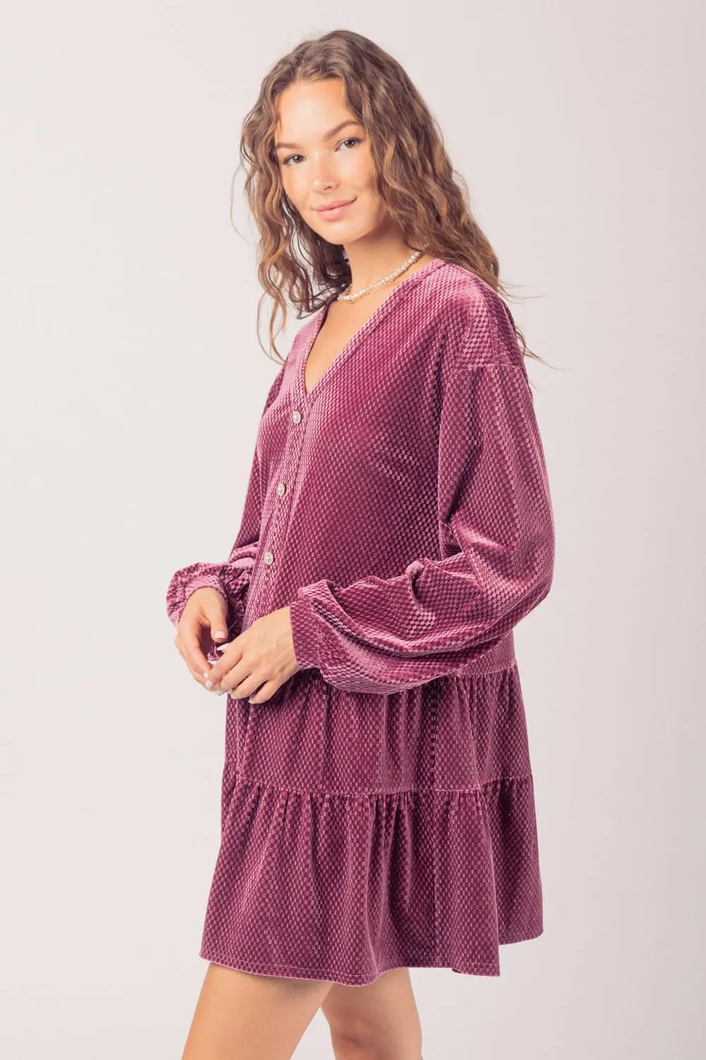 Women's Tiered Textured Velvet Mini Dress Long Sleeve Holiday Party Dress with V-Neck and Jewel Button Detail