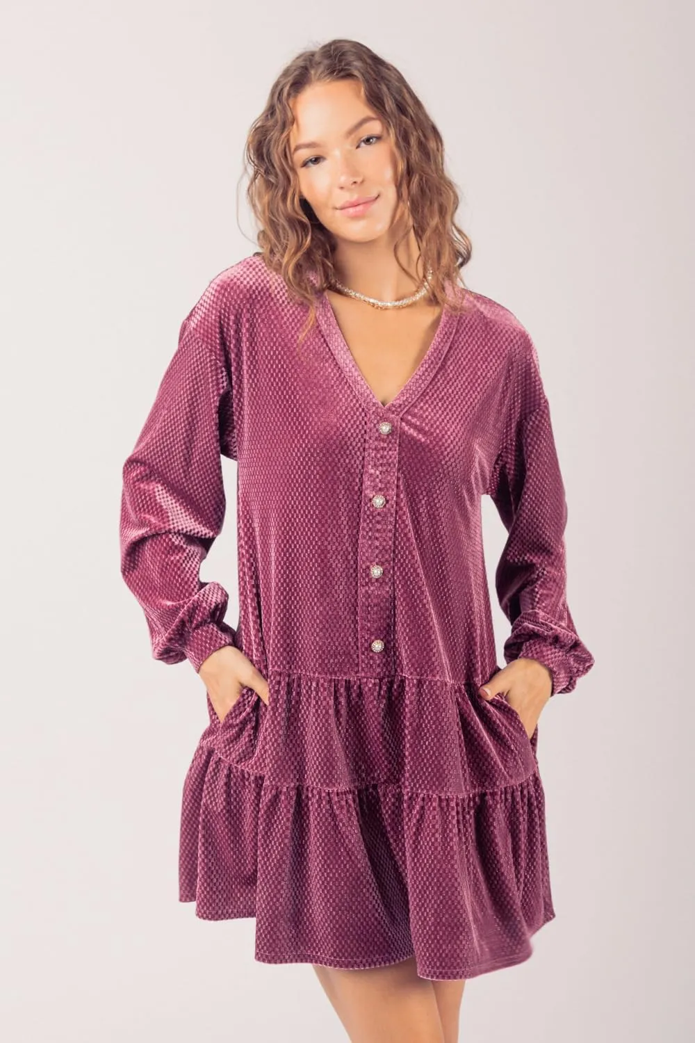 Women's Tiered Textured Velvet Mini Dress Long Sleeve Holiday Party Dress with V-Neck and Jewel Button Detail