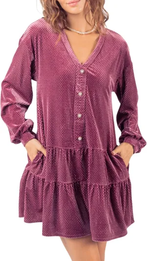 Women's Tiered Textured Velvet Mini Dress Long Sleeve Holiday Party Dress with V-Neck and Jewel Button Detail