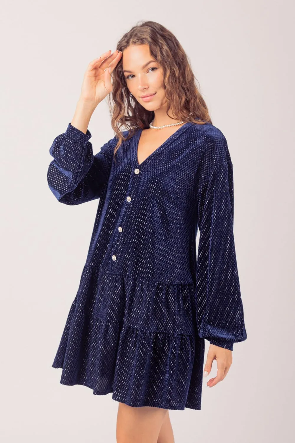 Women's Tiered Textured Velvet Mini Dress Long Sleeve Holiday Party Dress with V-Neck and Jewel Button Detail