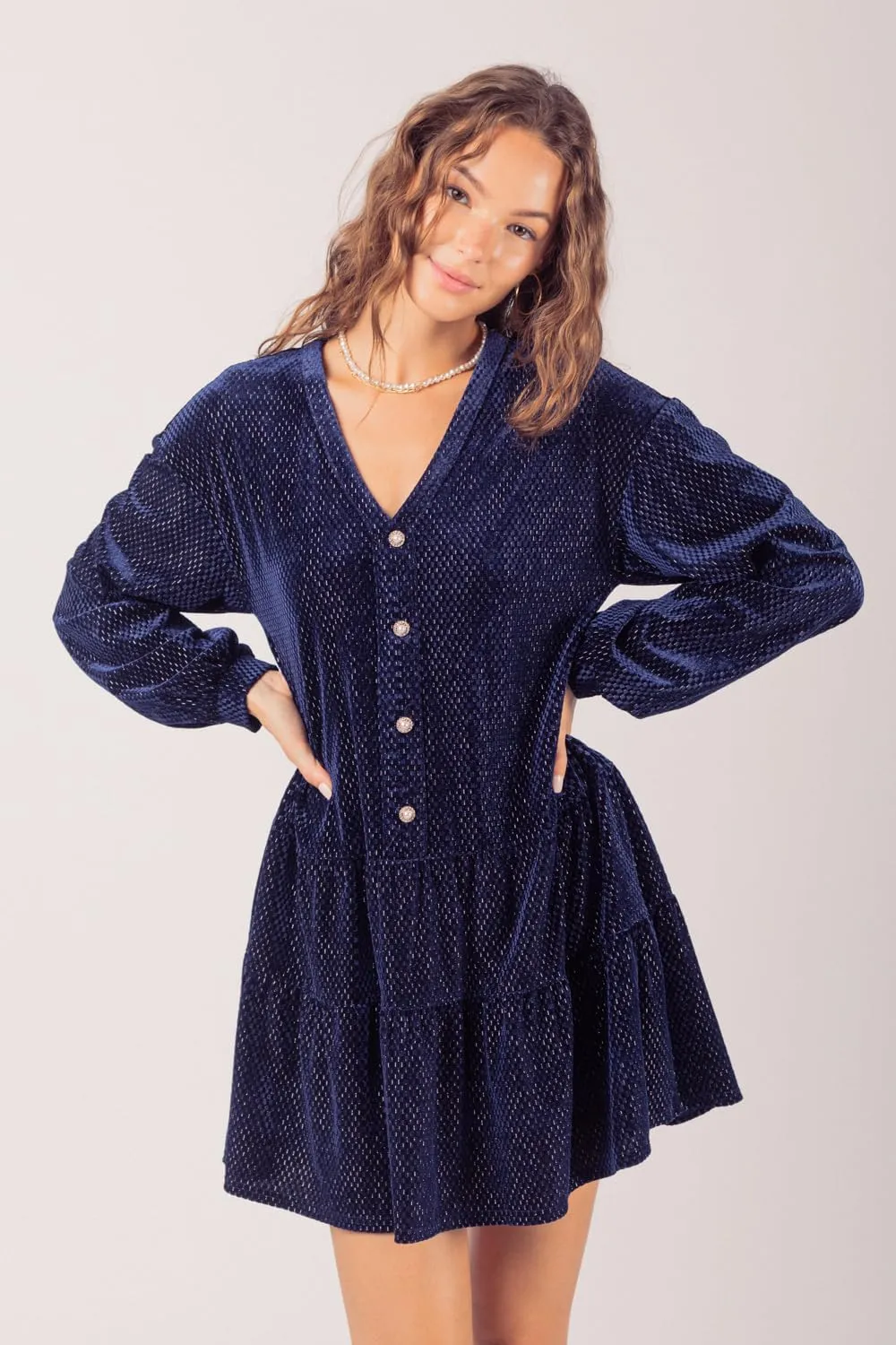 Women's Tiered Textured Velvet Mini Dress Long Sleeve Holiday Party Dress with V-Neck and Jewel Button Detail
