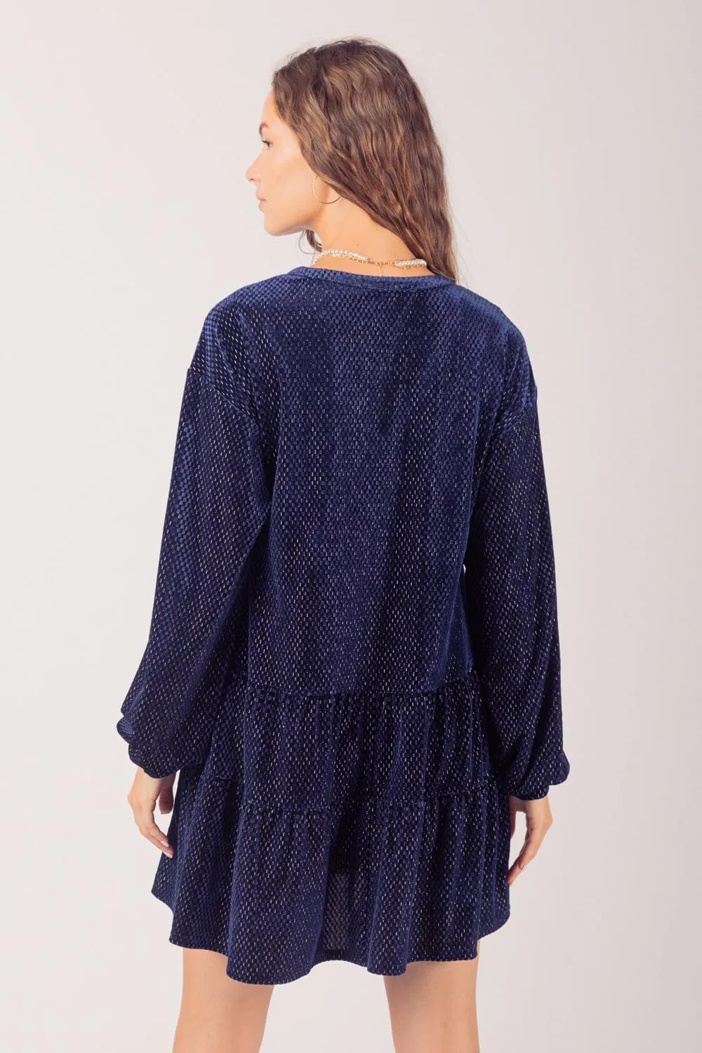 Women's Tiered Textured Velvet Mini Dress Long Sleeve Holiday Party Dress with V-Neck and Jewel Button Detail
