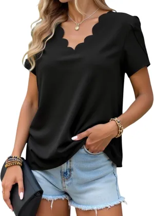 Women's V Neck Blouse Petal Sleeve Scallop Trim Dressy Casual Work Shirts
