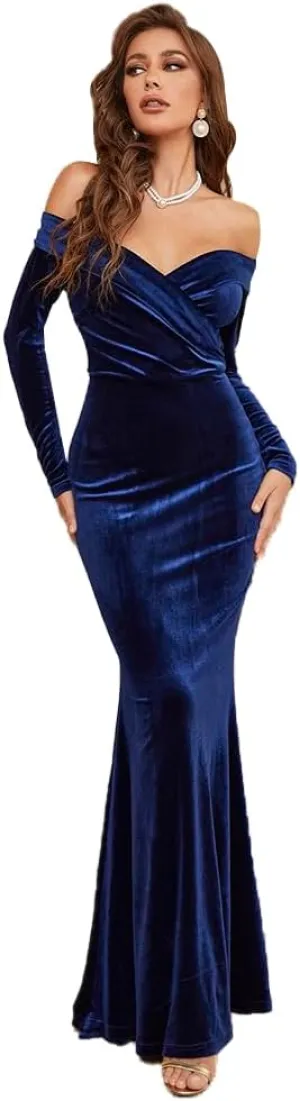 Women's Velvet Off The Shoulder Mermaid Evening Dresses Formal Gowns