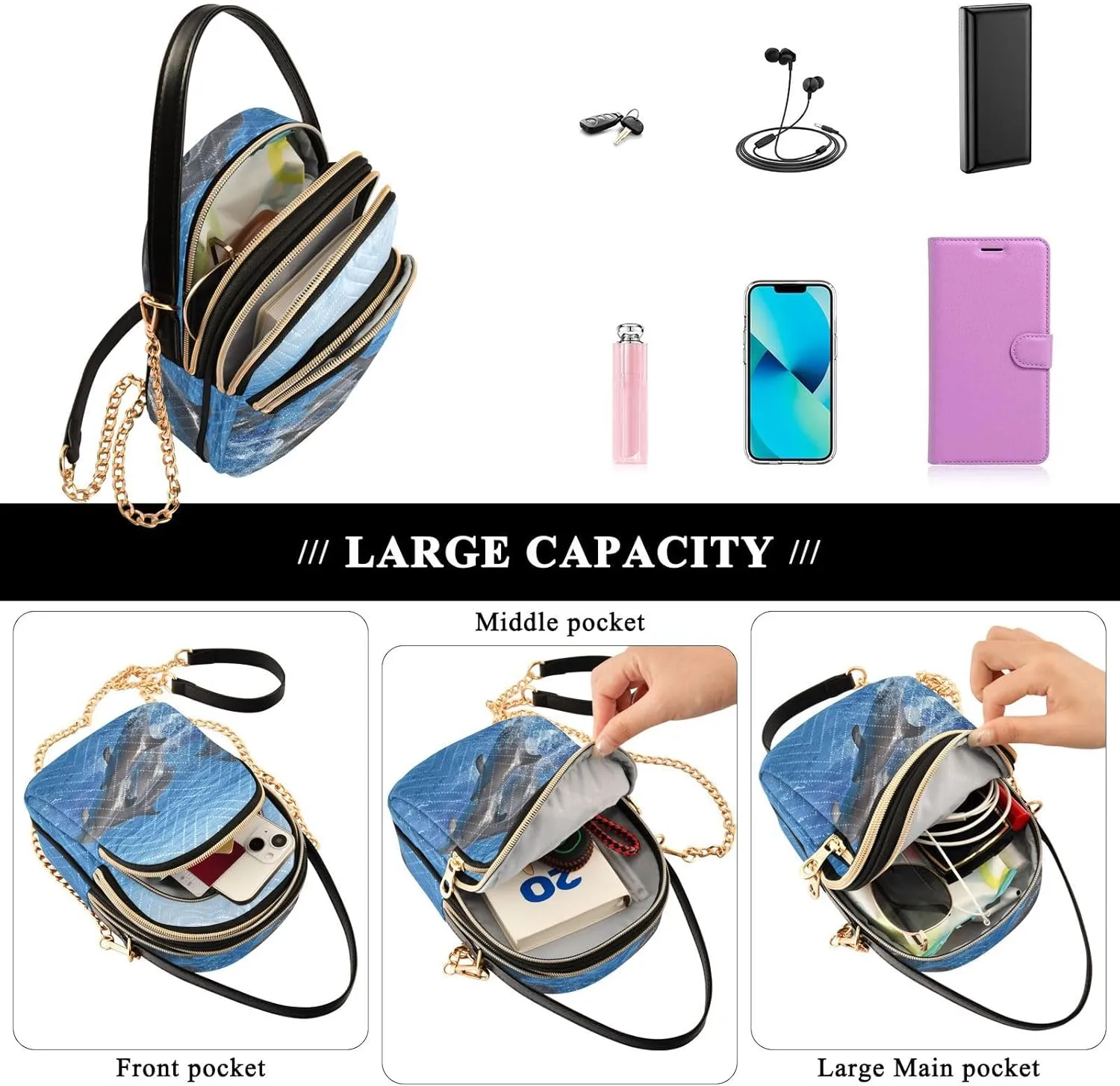 Women's Wave Cross Body Chest Bag, 52 inch Gold Chain Shoulder Handbag Purse
