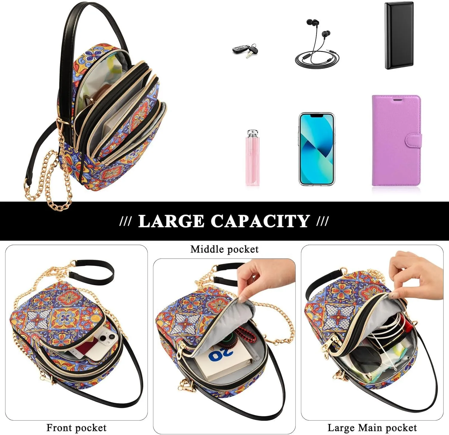 Women's Wave Cross Body Chest Bag, 52 inch Gold Chain Shoulder Handbag Purse
