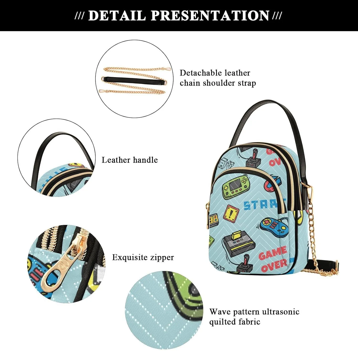 Women's Wave Cross Body Chest Bag, 52 inch Gold Chain Shoulder Handbag Purse