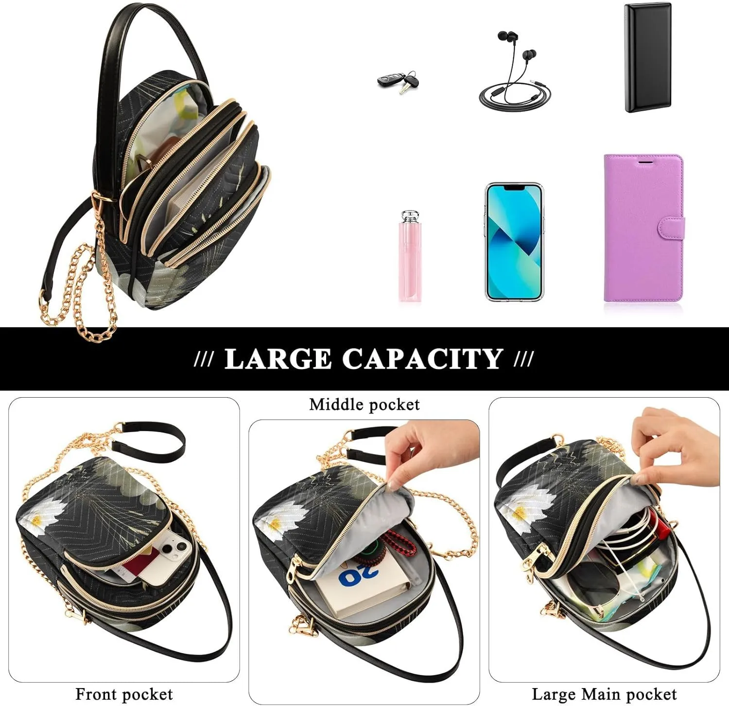 Women's Wave Cross Body Chest Bag, 52 inch Gold Chain Shoulder Handbag Purse