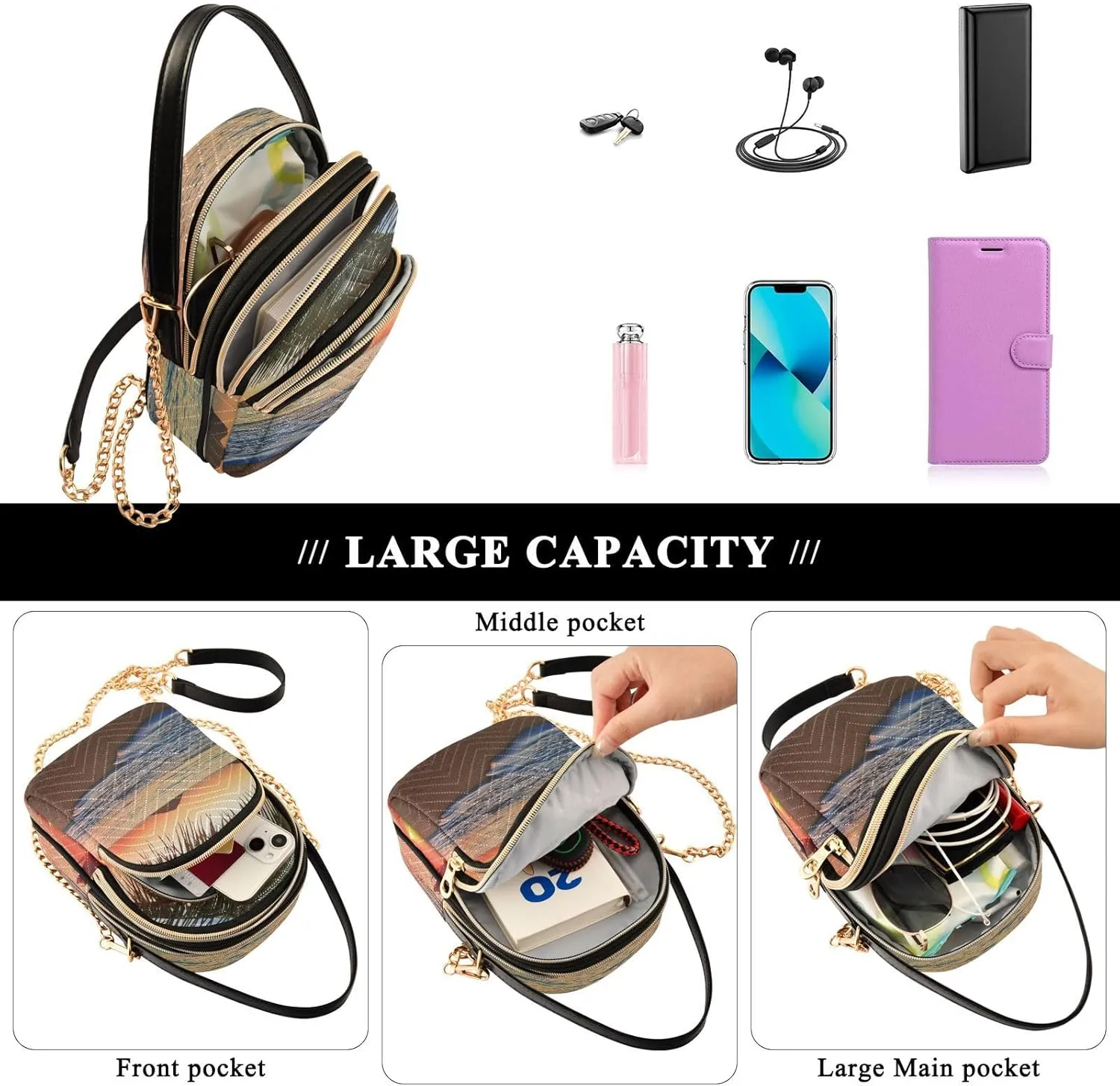 Women's Wave Cross Body Chest Bag, 52 inch Gold Chain Shoulder Handbag Purse