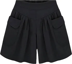 Women's Wide Leg Beach Shorts with Pockets | Elastic Waist Loose Fit Summer Shorts | Plus Size Casual Yoga Running Shorts Black XS