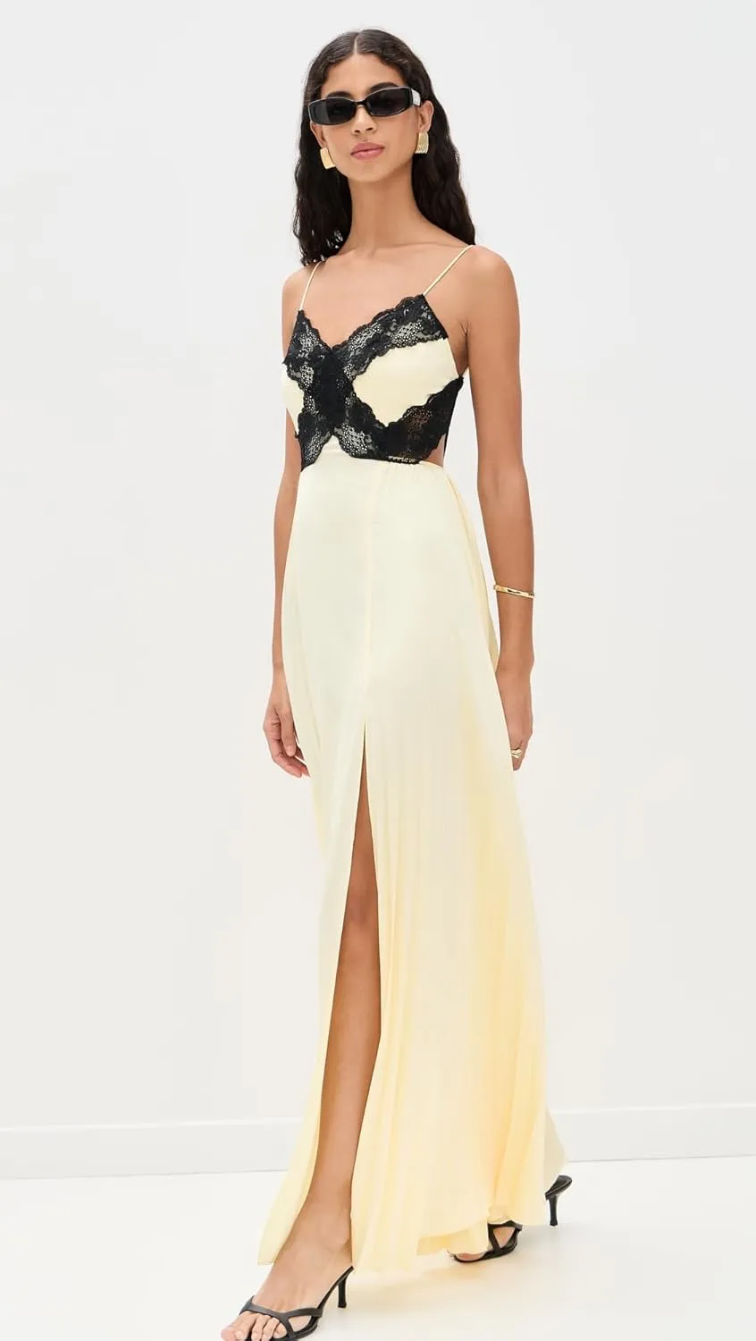 Women's Yellow Satin Lace Maxi Dress