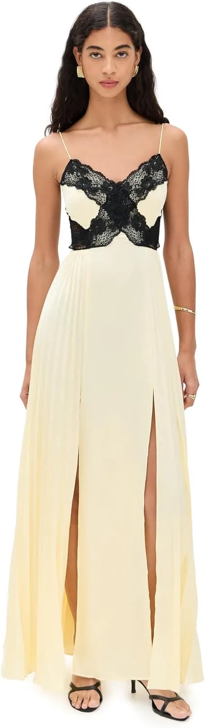 Women's Yellow Satin Lace Maxi Dress