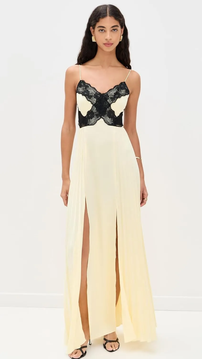 Women's Yellow Satin Lace Maxi Dress