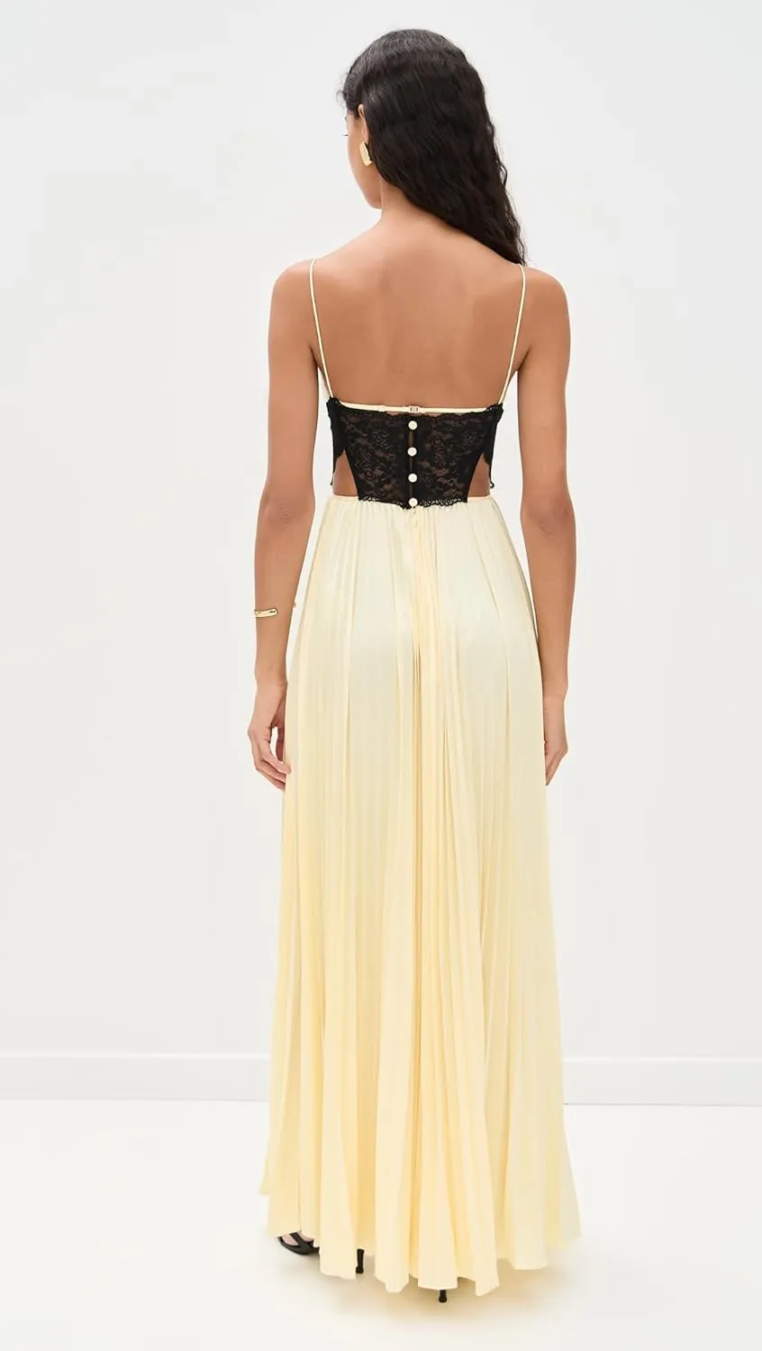 Women's Yellow Satin Lace Maxi Dress
