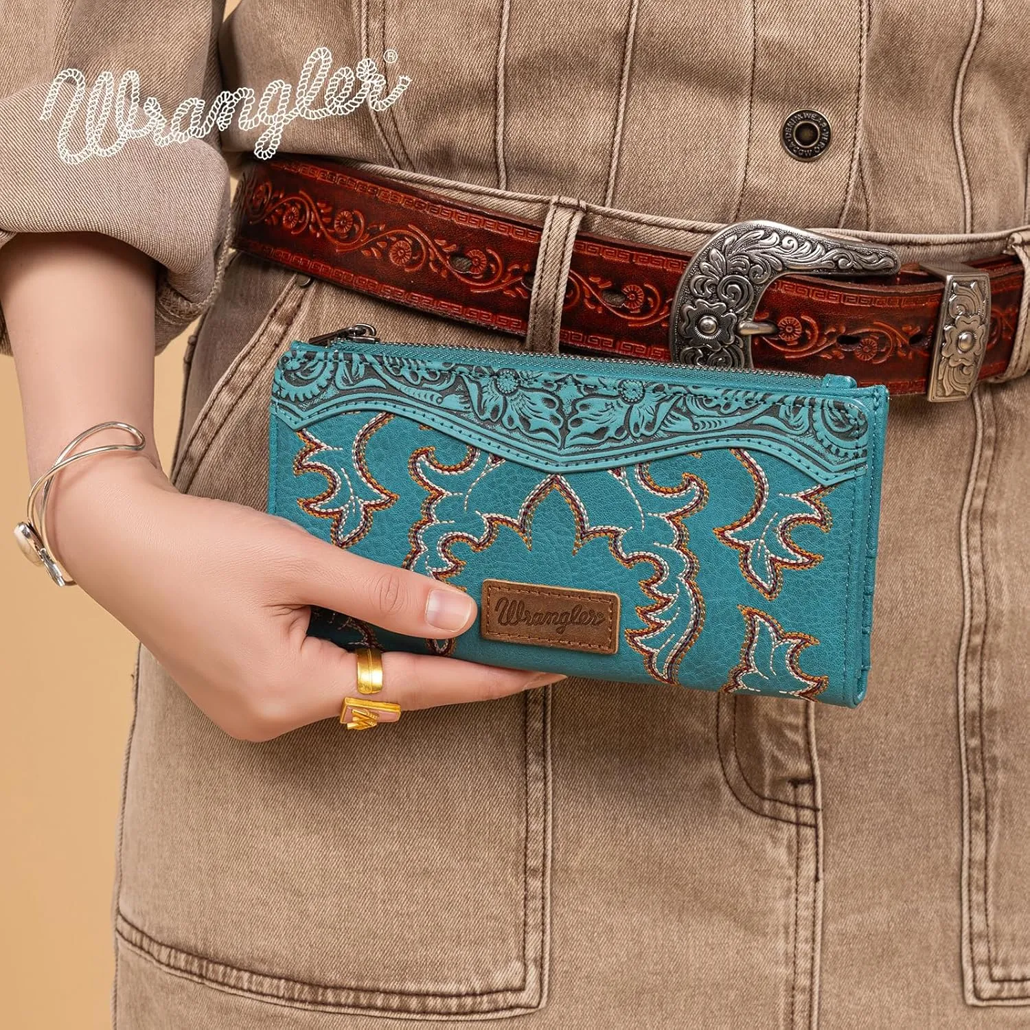 Wrangler Wristlet Western Wallet for Women Floral Tooled Clutch Boot Stitch Bifold Wallet with Card Holder