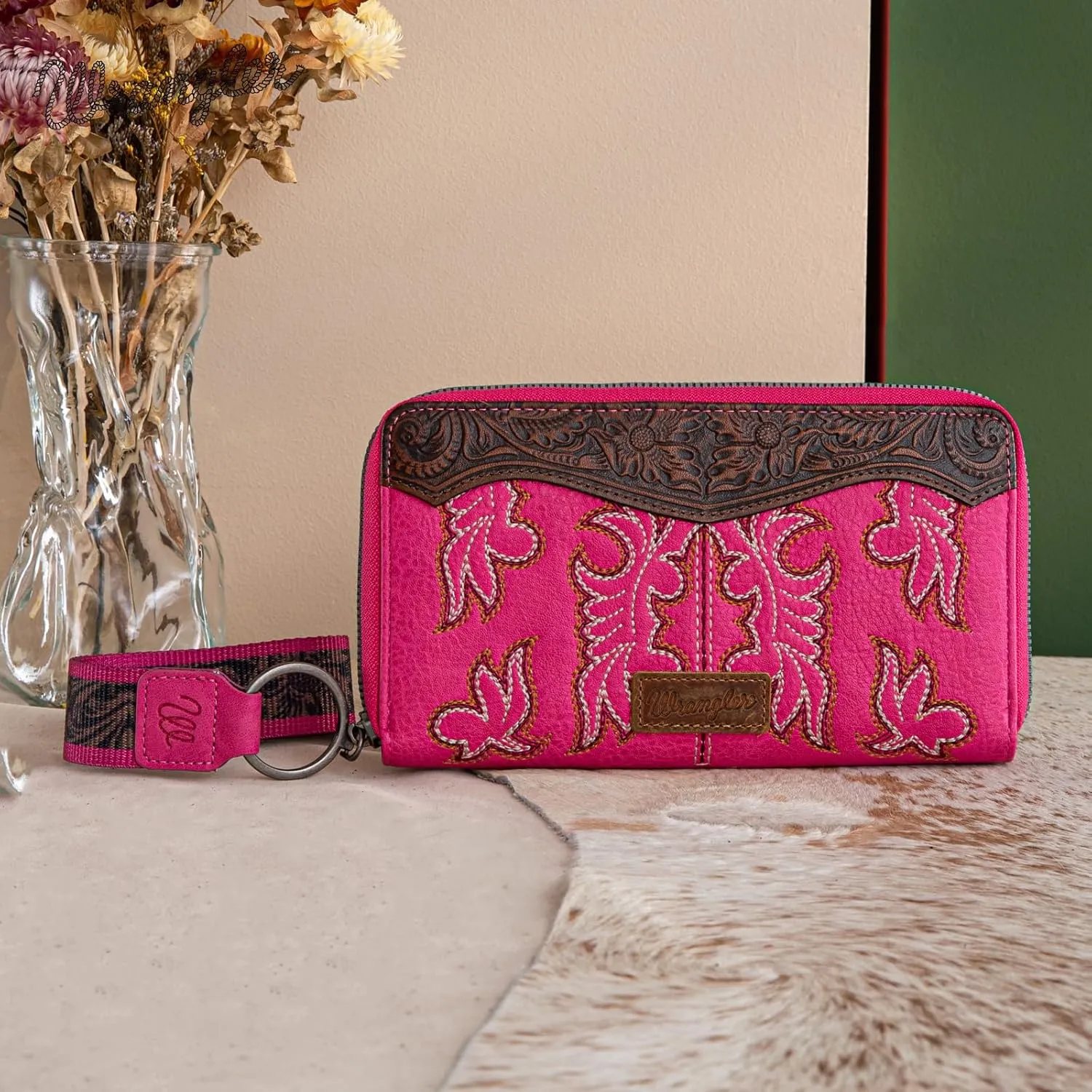 Wrangler Wristlet Western Wallet for Women Floral Tooled Clutch Boot Stitch Bifold Wallet with Card Holder