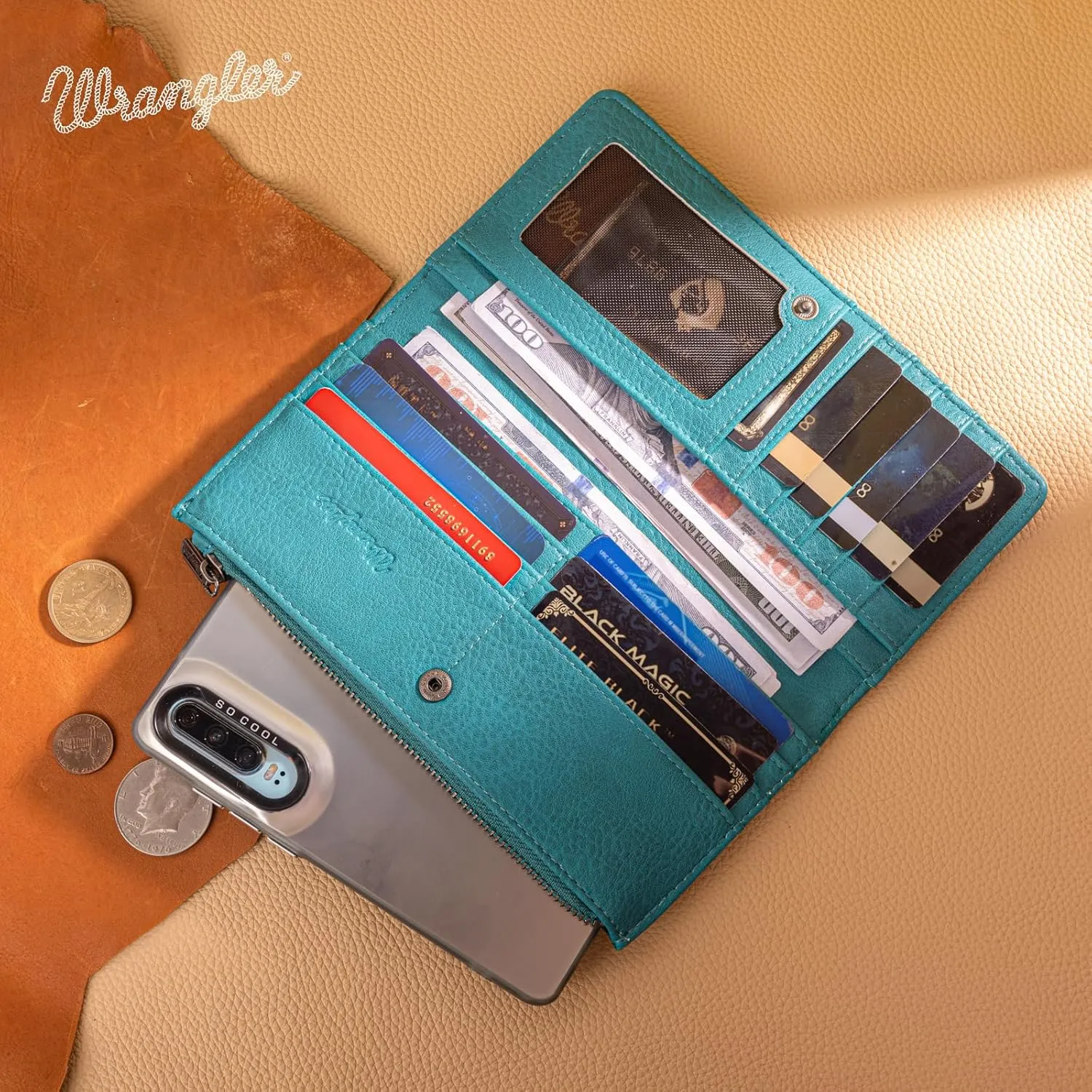 Wrangler Wristlet Western Wallet for Women Floral Tooled Clutch Boot Stitch Bifold Wallet with Card Holder