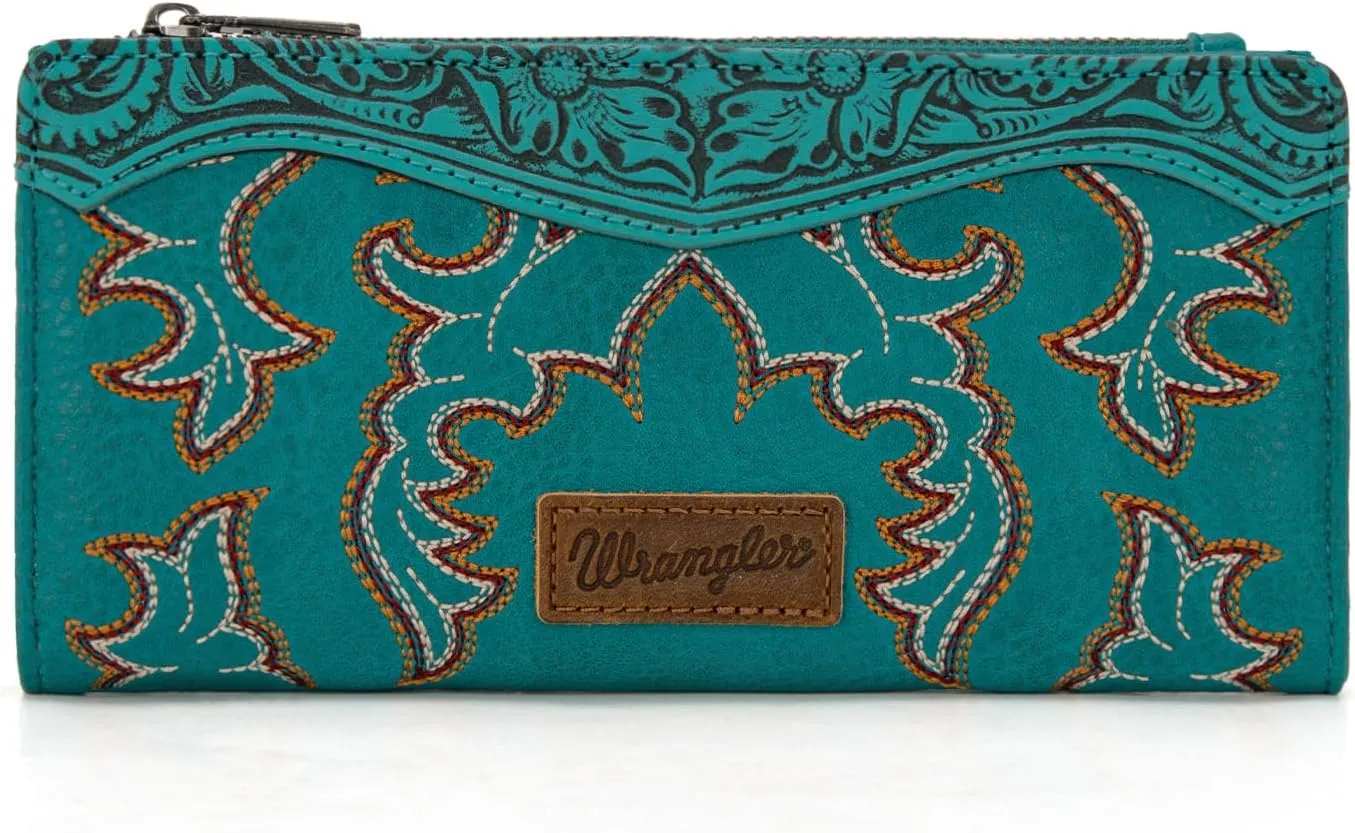 Wrangler Wristlet Western Wallet for Women Floral Tooled Clutch Boot Stitch Bifold Wallet with Card Holder