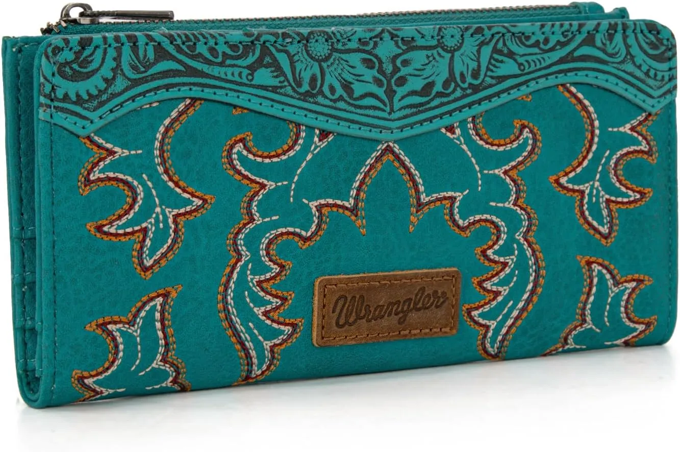 Wrangler Wristlet Western Wallet for Women Floral Tooled Clutch Boot Stitch Bifold Wallet with Card Holder